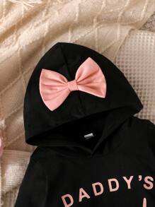 女婴简约舒适春秋季新款字母印花连帽蝴蝶结装饰长袖连体衣 - 黑色 - 查看 3