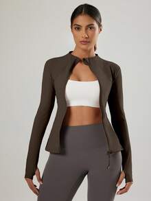 VUTRU Women's Long Sleeve Jacket With Pockets And Thumb Holes, Running Workout Activewear Top - Coffee Brown - View 7