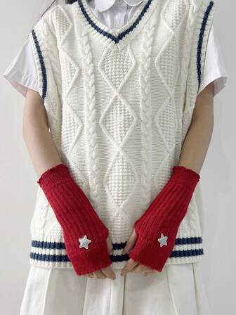 1 Pair Women's Red Star Fingerless Gloves, Y2K Millennium Style, Knitted Arm Warmers With Star Decor, Lolita Princess Style, Recreating The Classic Fashion, Suitable For Daily Matching, Home, Outings, Dates And Other Occasions