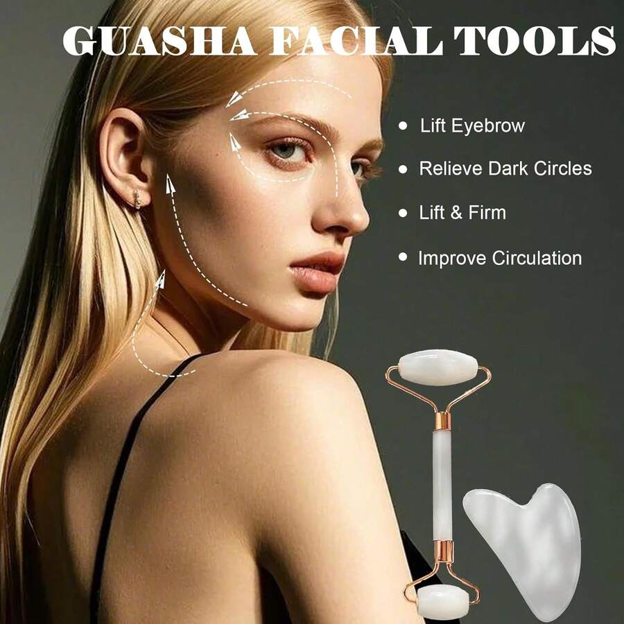 Nuevo set de rodillo y raspador facial Gua Sha - Masajeador facial, de cuello y de ojos para reducir la hinchazón y las arrugas, herramientas de spa para mujeres y hombres, kit de regalo de 4 colores