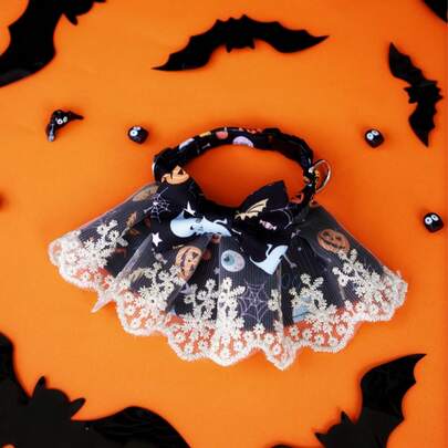 PINCOOL عصابة رقبة للحيوانات الأليفة بنمط الشبكة ذات طبقتين مزينة برسوم الشبح والقرع الكرتونية، مناسبة للكلاب الصغيرة في زي عيد الهالوين، عبوة 2 قطعة