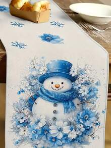 1件装节日雪人与蓝色花卉桌旗 - 亚麻圣诞装饰，适合室内/室外派对、新年庆祝活动和节日用餐，长方形设计，饰有雪花图案，节日餐桌装饰 | 冬季仙境主题 | 耐用桌布，圣诞餐桌装饰（13x35.4/47.2/63/72/78.7 英寸） - 藍色 - 查看 4