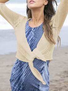 Women's Tie Front Shrug 3/4 Sleeve Bolero Sheer Knotted Lightweight Cardigan Sweaters Short Shawl Tops - 杏色 - 查看 4