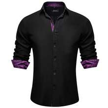 Mens Shirt Long Sleeve Black Satin Plain Purple Paisley Shirts Regular Fit Button Tops Wedding Formal Casual Office Suit Coats - 黑色 - 查看 4