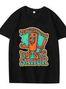 Tung Tung Tung Sahur Italian Brainrot T Shirt Men's Women Cotton Fashion Short Sleeve Summer Print Unisex Tops Camisetas - 黑色22 - 查看 1