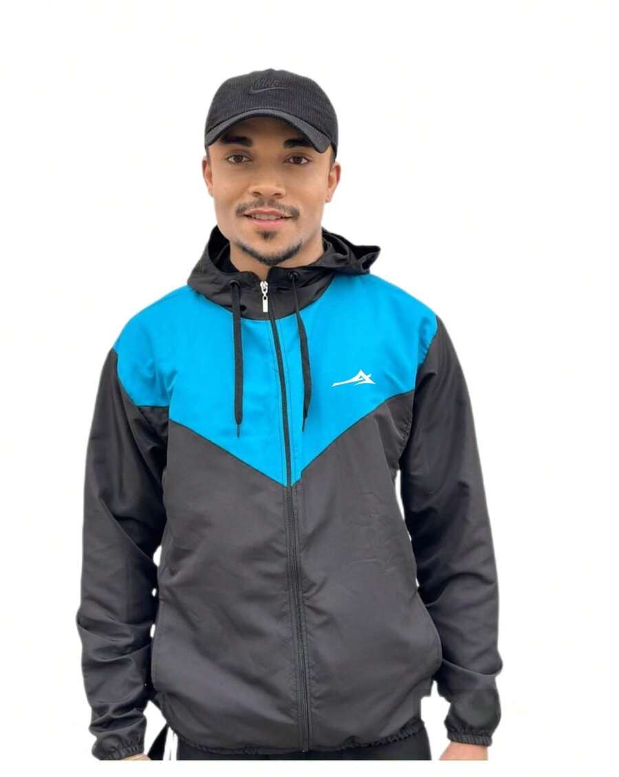 Men's Windbreaker Tactel Plain And Combined/Logo. - 黑色/綠松石色/原木藍 - 查看 1