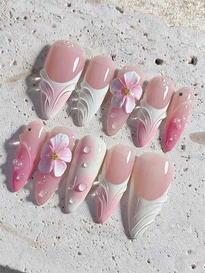 10pcs Almond-Shaped 3D Floral Rhinestone Nail Stickers, Sweet & Cute Style, Suitable For Any Occasion Nails Nail Supplies