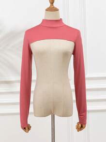 1 件女式纯色弹力氨纶高领插肩袖短上衣披肩领仿夹克上衣，长袖，百搭颜色，秋冬