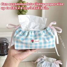 Korean Ins Style Drawstring Tissue Box, Blue & White Plaid Fabric Storage Bag, Atmosphere Decor For Desk, Suitable For Coffee Table, Dining Table, Car - Simple & Fashionable Home Essential - Multicolor - View 3