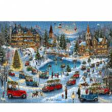 1 caja de 1000 piezas de rompecabezas para adultos - Pueblo de festival de invierno, coches vintage, río congelado, 75x50cm, decoración artística, ideal para regalos festivos, sin marco, perfecto para Halloween, Acción de Gracias, Pascua, Ramadán Mubarak, mejor para Navidad