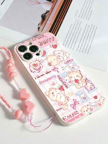 1 husă de telefon albă TPU rezistentă la șocuri, cu model drăguț de pisicuțe și căpșuni, și 1 curea de mână cu mărgele roz în formă de inimă, compatibilă cu Apple/Huse de telefon asortate/Huse de telefon cu șnur/Huse de telefon pentru brățară/Huse de telefon distractive - Multicolor - Vizualizare 4