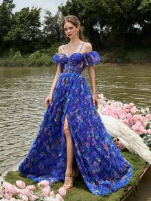 Faeriesty Luxe Luxury Cold Shoulder Floral Print Evening Gown With Puff Sleeves & High-Slit A-Line For Red Carpet Galas, Black-Tie Balls, Formal Dinners, Wedding Receptions