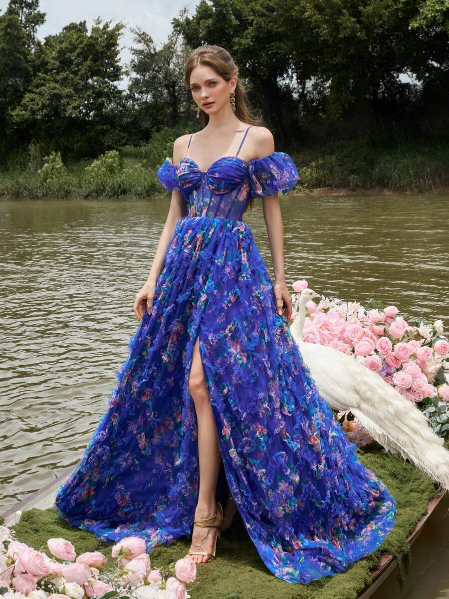 Faeriesty Luxe Luxury Cold Shoulder Floral Print Evening Gown With Puff Sleeves & High-Slit A-Line For Red Carpet Galas, Black-Tie Balls, Formal Dinners, Wedding Receptions