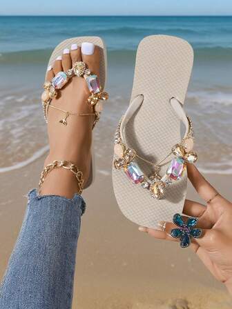 Original Design Square Toe Rhinestone Flip Flops, Soft Sole, Non-Slip, Beach Resort Goddess Style, Detachable Decorative Chain, 2025 Summer Ladies Flip Flops ( & Materials)