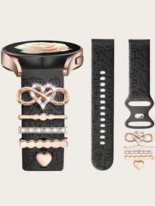 六合一花卉雕刻表带 + 金属吊坠装饰环，兼容三星 Galaxy Watch 7/FE 6 5 4 40mm 44mm、Galaxy Active 2，20mm 表带，柔软硅胶替换表带，带装饰吊坠，女士配件，柔软硅胶运动花卉表带，带装饰手表吊坠 - 黑色 - 查看 2