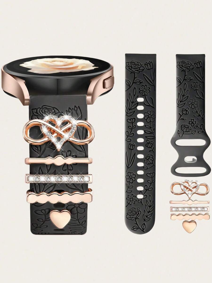六合一花卉雕刻表带 + 金属吊坠装饰环，兼容三星 Galaxy Watch 7/FE 6 5 4 40mm 44mm、Galaxy Active 2，20mm 表带，柔软硅胶替换表带，带装饰吊坠，女士配件，柔软硅胶运动花卉表带，带装饰手表吊坠