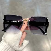 Oversized Rimless Square Fashion Sunglasses Women Men Brand Designer Gradient Glasses Summer Beach Party - màu đen - Xem 13