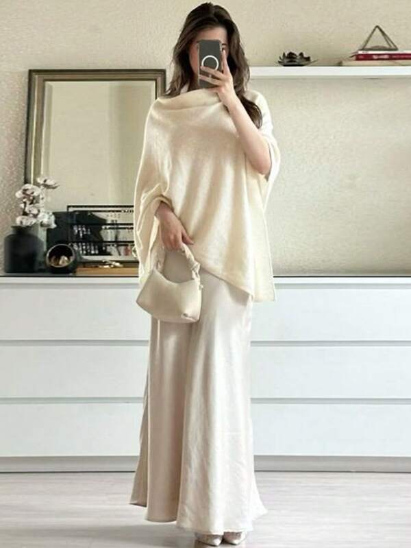 Women's Fashion Casual Oversized Comfortable Solid Color Long Sleeve V-Neck Sweater Pullover Layered Hooded Cape With Asymmetrical Hem And Batwing Sleeves Sweaters For Women Fall/Winter Clothes For Women