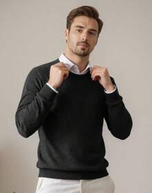 Men's Crew Neck Sweater Soft Casual Sweaters For Men Classic Pullover Sweaters With Ribbing Edge - Black - View 2