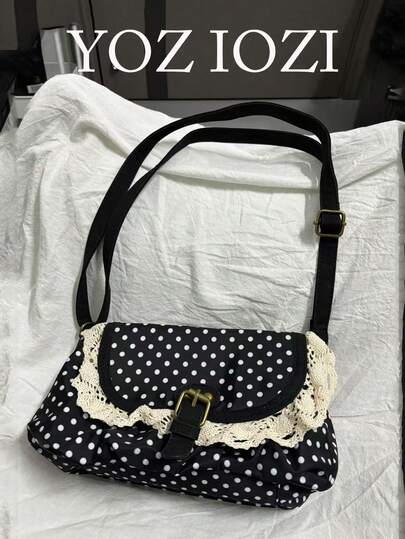 Back To School Korean Style Polka Dot Niche Design Contrast Color Handbag, Suitable For College Students Shoulder Bag, Crossbody Bag, High-End Polka Dot Canvas Bag, Campus Bag For Women , Polka Dot