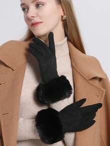 1 Pair Women's Faux Suede Thermal Lined Warm Gloves, Fashion Driving Gloves, Cute For Autumn/Winter - Six-line Black 1 - View 13