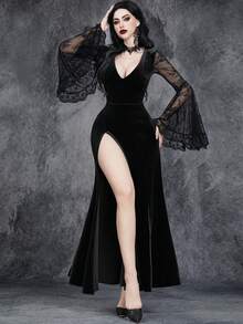 女士哥特式性感优雅奢华万圣节鬼新娘派对角色扮演女巫蕾丝边高开衩 V 领天鹅绒连衣裙 - 黑色 - 查看 6