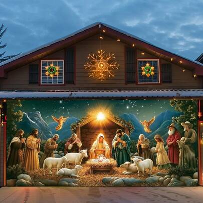 1pc Christmas Nativity Scene Garage Door Banner, Durable Indoor And Outdoor Festival Decoration, Suitable For Festival Celebrations