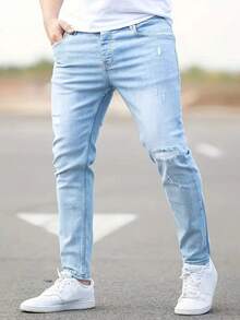 Men's Light Blue Ripped Jeans - Distressed Skinny Stretch Denim Pants For Men, Slim Fit Comfort Tear Casual Streetwear, Versatile Fashion Jeans For Everyday All Season - 淺色水洗藍 - 查看 1
