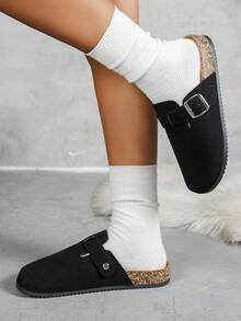 Women's Casual Solid Color Suede Slip-On Mule Slippers, Available In Thermal-Lined And Non-Thermal Versions - Black - View 4