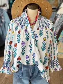 1pcs Floral Print Long-Sleeved Women's Shirt Top With Buttons, Ruffled Stand-Up Collar, Ruffled Shoulders And Cuffs, Machine Washable Fabric, Suitable For Autumn And Winter