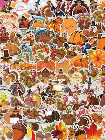 200PCS Cartoon Thanksgiving Turkey Graffiti Stickers Fun Cute Style PVC Waterproof Material Can Be Reused Suitable For Helmet Decorations, Car Decorations Party Decorations, Campus Rewards, Scrapbooks, Laptops, Luggage, Guitars, Water Bottles, Phone Case Urban Teenagers Fashion Decorations