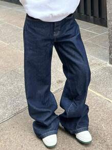 Y2K Vintage High Waist Wide Leg Jeans With Pockets, Lightweight And Breathable, Suitable For Spring And Summer - Blue - View 6