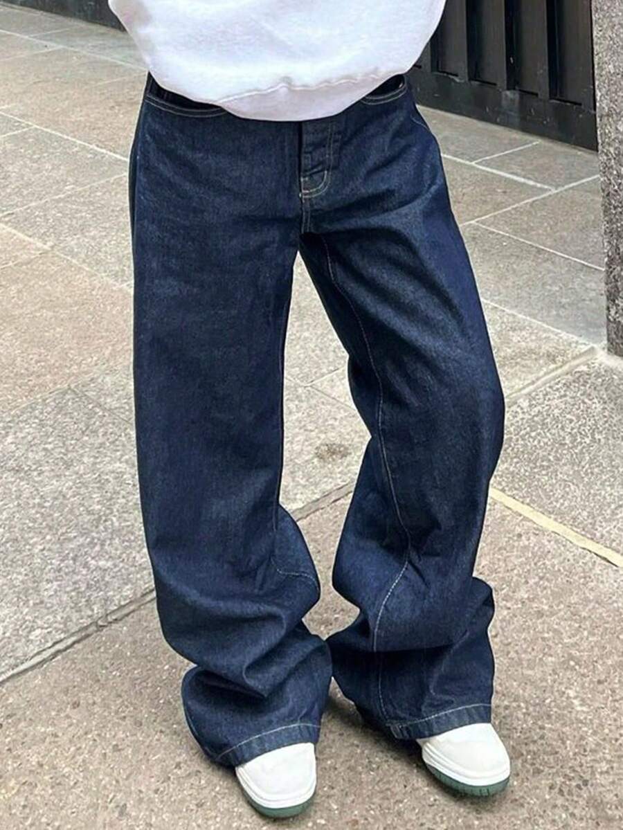 Y2K Vintage High Waist Wide Leg Jeans With Pockets, Lightweight And Breathable, Suitable For Spring And Summer - Blue - View 1