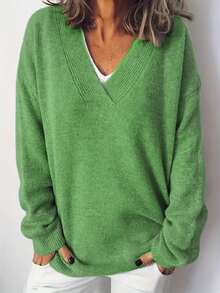 Plus Size Women Solid Color Casual V-Neck Drop Shoulder Long Sleeve Pullover Sweater, Autumn