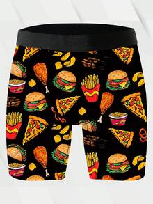 1 Pack Of Men's Novelty Shorts, Polyester Stretch Fabric, Soft And Skin-Friendly, Quick-Drying And Breathable, Elastic Waistband, Delicious Food Pattern Print, Naughty And Cute Men's Casual Long Boxer Briefs - Black - View 3