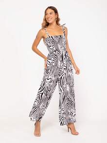 Boho All-Over Print Jumpsuit With Ruched Knot - 白色 - 查看 4