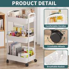 3-Tier Wheeled Plastic Storage Cart With Organizer Compartments, Perfect For Diapers, Kitchen Essentials, Bathroom Items, Living Room Decor And Bedside Organization, Compact White Design - Multicolor - View 7