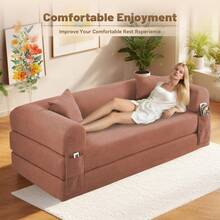 Sofa Bed,80"4-In-1 Convertible Modular Sofa Bed With Pillows,Floor Lounge Sofa, Corduroy Foldable Sofa Bed,For Living Room, Bedroom, Lounge, Studio No Assembly Needed - 粉色 - 查看 9