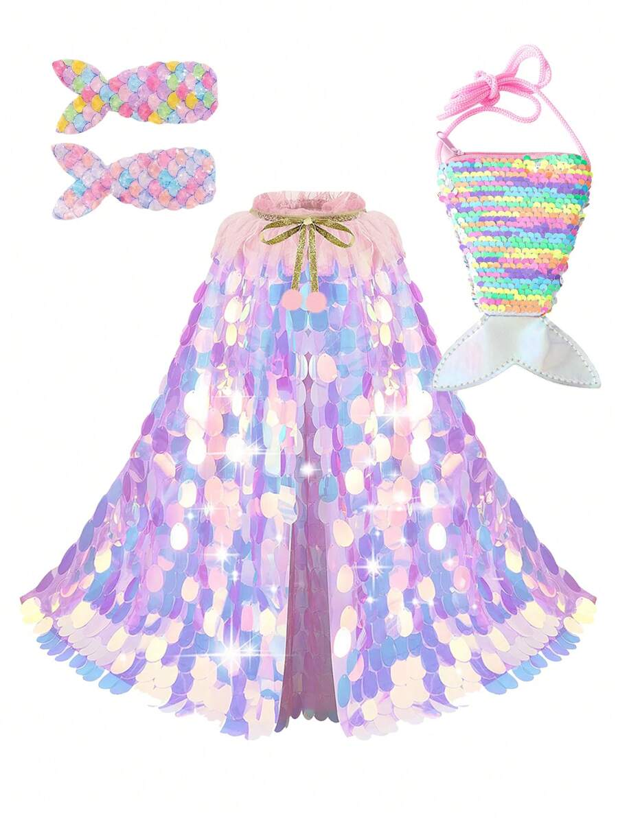 4pcs Princess Big Sequin Mermaid Cape, Sequin Cape Hair Clip Tail Piece Bag Princess Dress-Up Gift Set, Very Suitable For Dressup, Easter, Halloween, Birthday, Christmas Gifts, Party, A Small Gift To Send Friends. - Large Sequin Cape + Hairpin + Fishtail Bag - View 1
