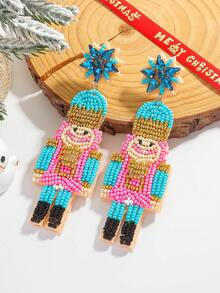2pcs Bohemian Handmade Beaded Crystal Nutcracker Soldier Drop Earrings For Women, Festive Christmas Holiday Party Daily Wear Jewelry(Handmade Version, With Slight Variations)