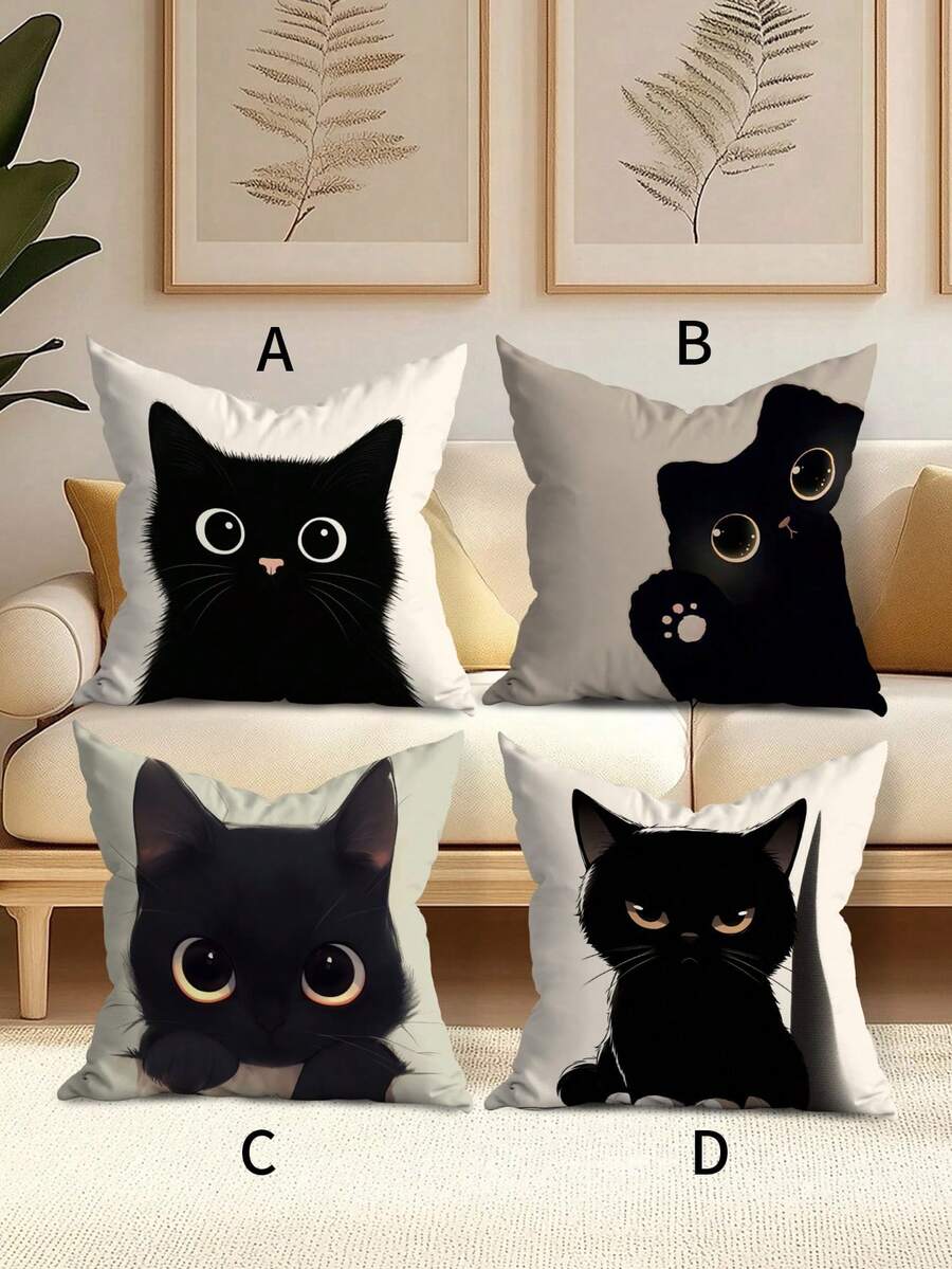 4pcs/ 1 Pc Halloween Cute, Simple, Shy Little Black Cat Short Plush Printed Pillowcase, Suitable For Living Room, Bedroom, Sofa, And Can Be Used For Home Decoration, Halloween Decoration, And Room Arrangement. - Black and White - View 1