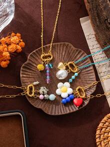 1Pc Colored Natural Stone DIY Patchwork Necklace, Adjustable Loop Can Be Paired With Pendant, Vacuum Plated Color Preservation - Multicolor - View 8