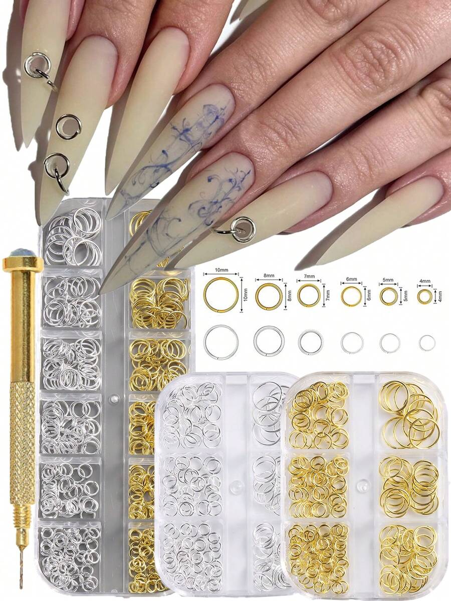 6/12pcs Grid Gold & Silver Nail Art Accessories Open Rings Connector Single Rings Metal Rings DIY Jewelry Making Materials For Bracelet, Necklace, Beading, Pendant Nail Supplies Nails Nail Charms - Multicolor - View 1