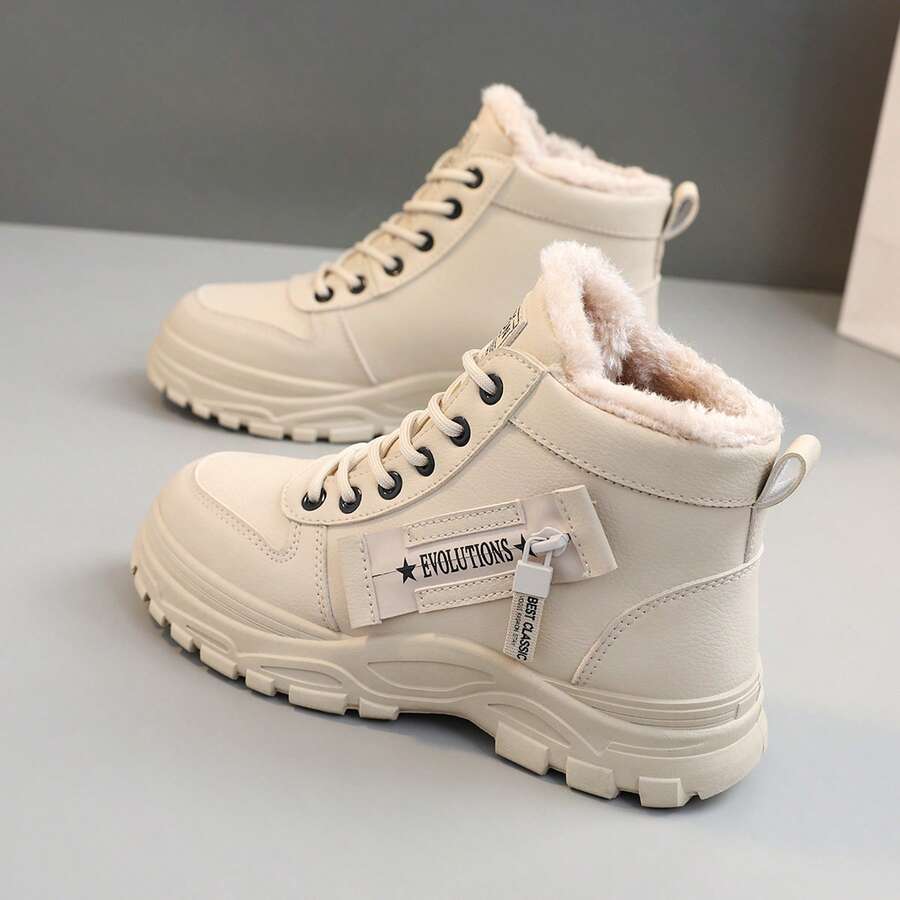 1 Pair Women's White Casual Outdoor Snow Boots, Round Toe, Lace-Up, Waterproof, Thermal Lined, High-Top, Suitable For Autumn/Winter