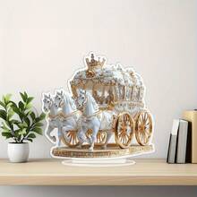 Đồ trang trí trung tâm xe ngựa cưới hoàng gia bằng Acrylic 2D - Phong cách Boho thanh lịch với bánh xe vàng và ngựa trắng, đồ trang trí bàn chống trầy xước chống thấm nước cho đám cưới trong nhà/ngoài trời, tiệc tùng, nhà ở và văn phòng, món quà lý tưởng cho Lễ Tạ ơn, Giáng sinh, năm mới - Nhiều màu - Xem 1