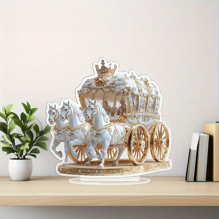 Đồ trang trí trung tâm xe ngựa cưới hoàng gia bằng Acrylic 2D - Phong cách Boho thanh lịch với bánh xe vàng và ngựa trắng, đồ trang trí bàn chống trầy xước chống thấm nước cho đám cưới trong nhà/ngoài trời, tiệc tùng, nhà ở và văn phòng, món quà lý tưởng cho Lễ Tạ ơn, Giáng sinh, năm mới - Nhiều màu - Xem 1