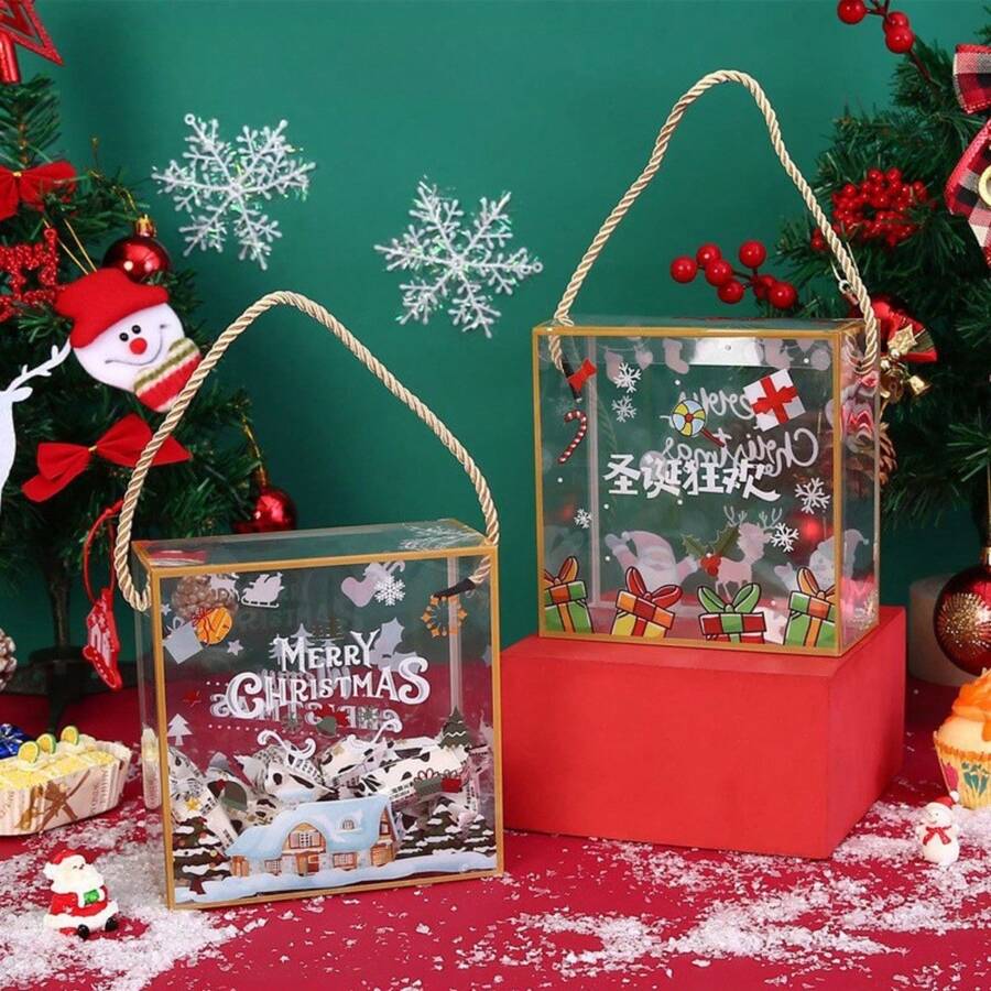 Christmas 3pcs Transparent Hand-Held Box, Glutinous Rice Boat, Snowflake Pastry Biscuit Box, Christmas Eve Gift, Baked Nougat Packaging Box