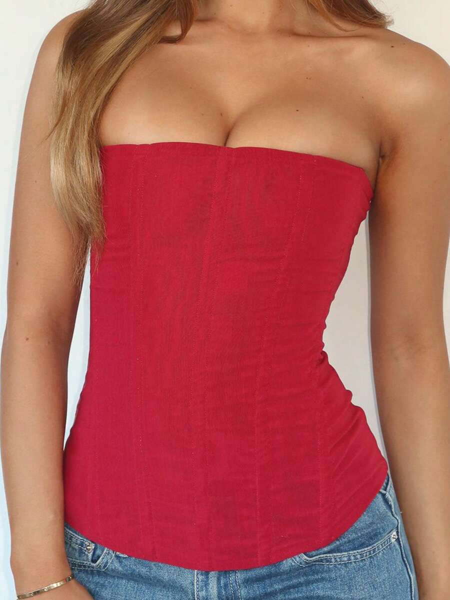 Y2K Women's Corset Tops Mesh Corset Tops - 紅色 - 查看 1