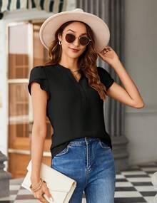 SANOPY Ladies Notched V Neck Short Sleeve Casual Elegant Work Commuting Shirt Spring & Summer Top Street Wear - màu đen - Xem 2