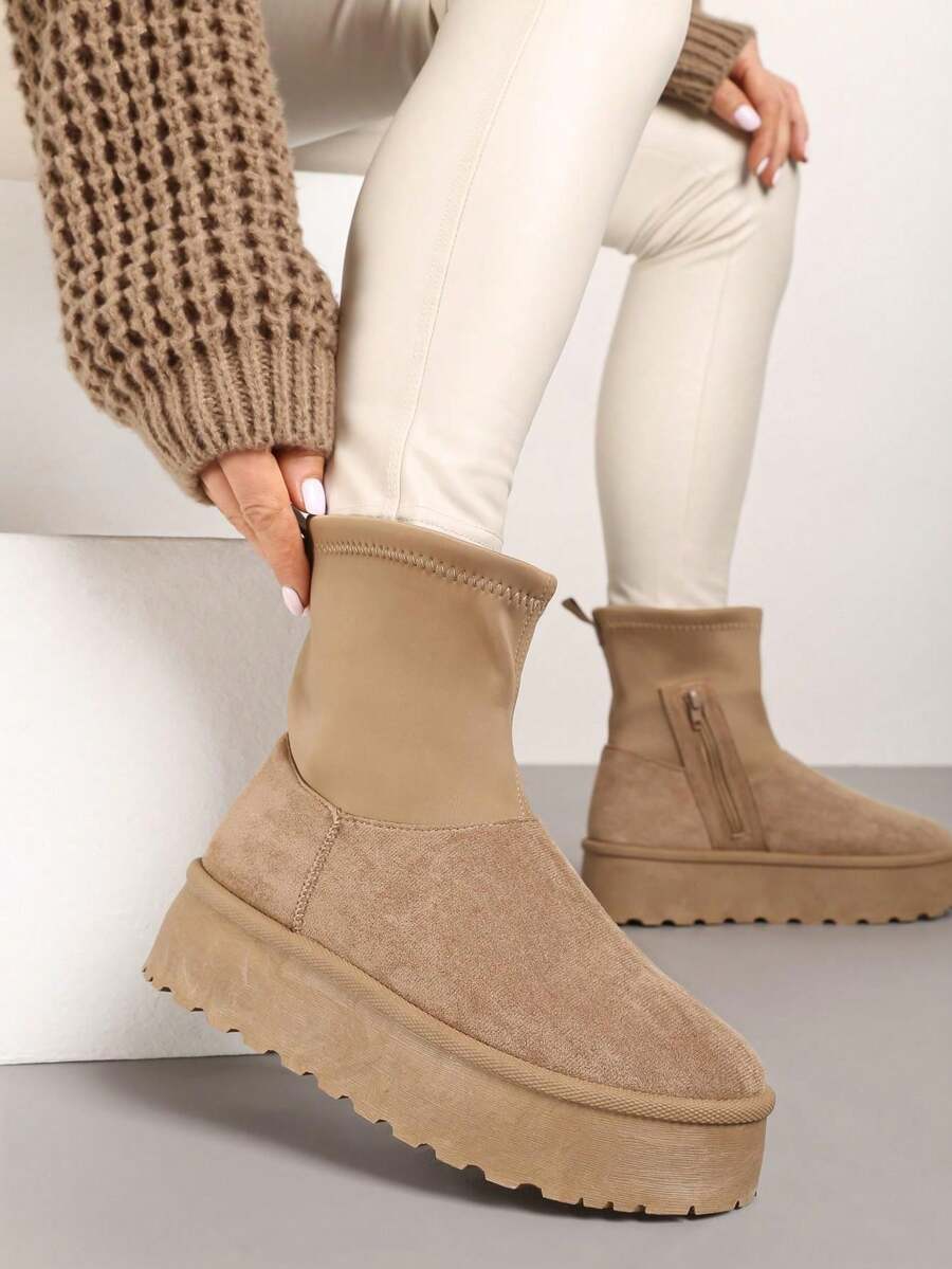 Thick Sole Snow Boots With A Fitted Upper - Khaki - View 1
